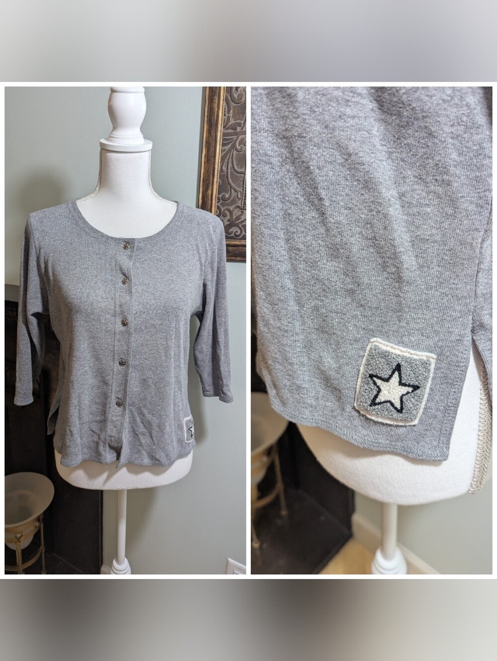 90s Vintage Women's Small/Medium Loose Grey Button Up Cardigan Top Star Accent
